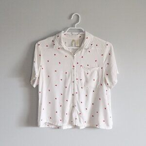 Japna Women's White Sz S Buttoned Ladybug Print‎ Collared Cropped T-Shirt Top